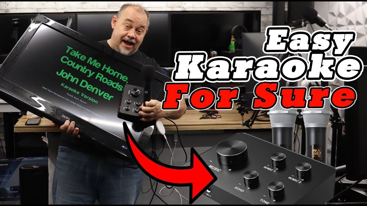 Home karaoke session with microphone and laptop